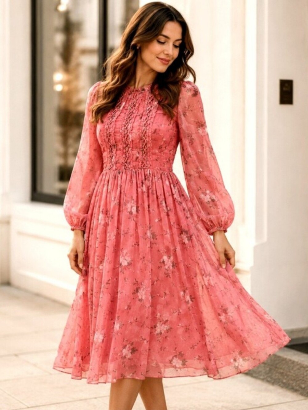 SOFT Floral CHIFFON Coral Midi Dress Ruffle Corset Party Women's Size M L NWT